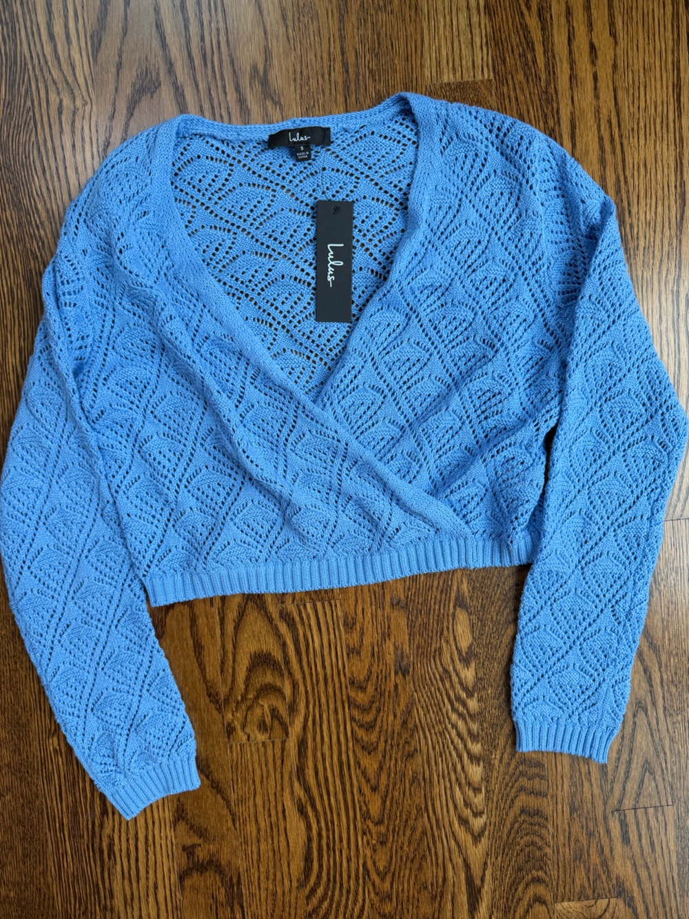 Lulu's Blue Open Knit Balletcore V-Neck Cropped Feminine Sweater